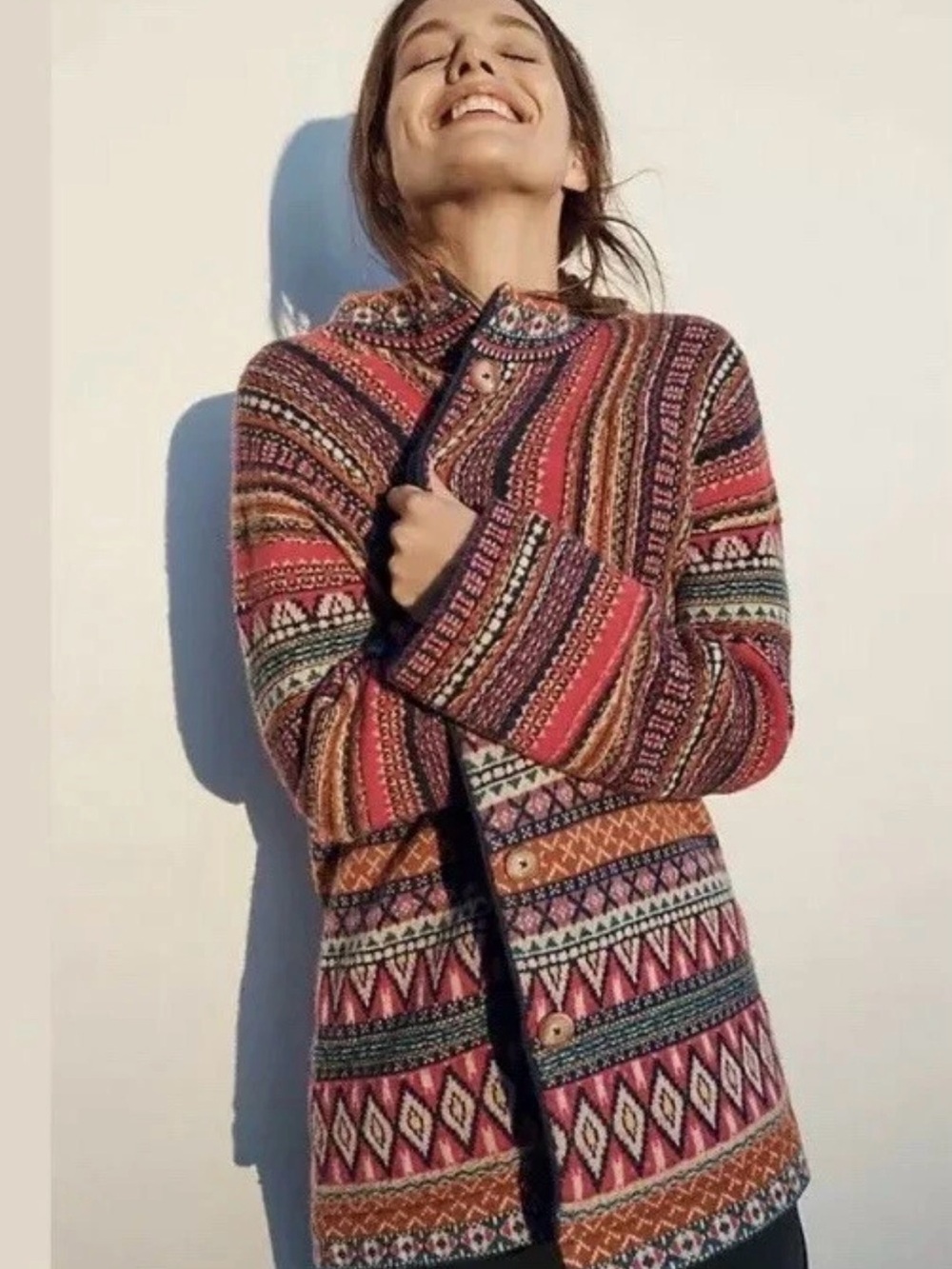 Anthropologie Moth Livia Intarsia Fair Isle Wool Cardigan Coatigan
